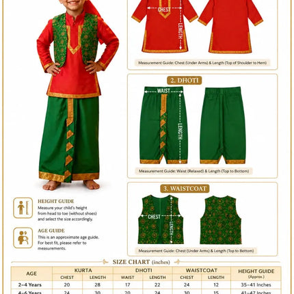 Fancydresswale Punjabi Boy Costume for Kids – Red Kurta with Green Dhoti, Waistcoat & Pagri fancydresswale.com