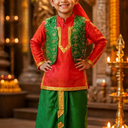 Fancydresswale Punjabi Boy Costume for Kids – Red Kurta with Green Dhoti, Waistcoat & Pagri fancydresswale.com