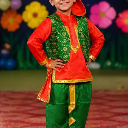 Fancydresswale Punjabi Boy Costume for Kids – Red Kurta with Green Dhoti, Waistcoat & Pagri fancydresswale.com
