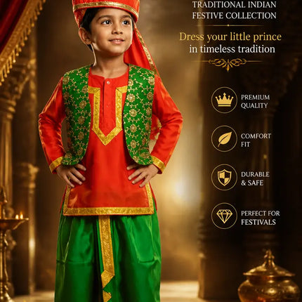 Fancydresswale Punjabi Boy Costume for Kids – Red Kurta with Green Dhoti, Waistcoat & Pagri fancydresswale.com