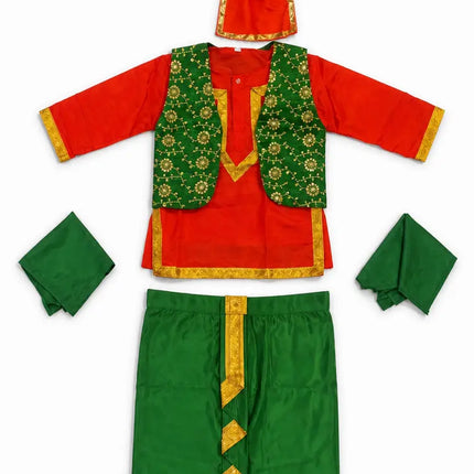 Fancydresswale Punjabi Boy Costume for Kids – Red Kurta with Green Dhoti, Waistcoat & Pagri fancydresswale.com