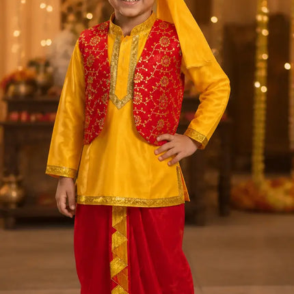 Fancydresswale Punjabi Boy Outfit for Kids – Kurta, Dhoti & Waistcoat Set fancydresswale.com