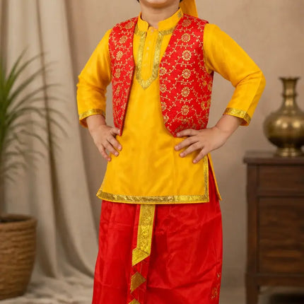 Fancydresswale Punjabi Boy Outfit for Kids – Kurta, Dhoti & Waistcoat Set fancydresswale.com