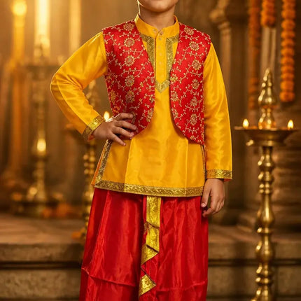 Fancydresswale Punjabi Boy Outfit for Kids – Kurta, Dhoti & Waistcoat Set fancydresswale.com