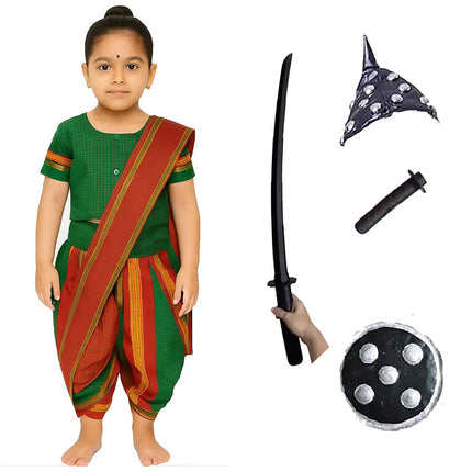 Fancydresswale Rani Laxmibai Costume Set – Green Warrior Dress for Girls with Sword, Shield & Cap fancydresswale.com