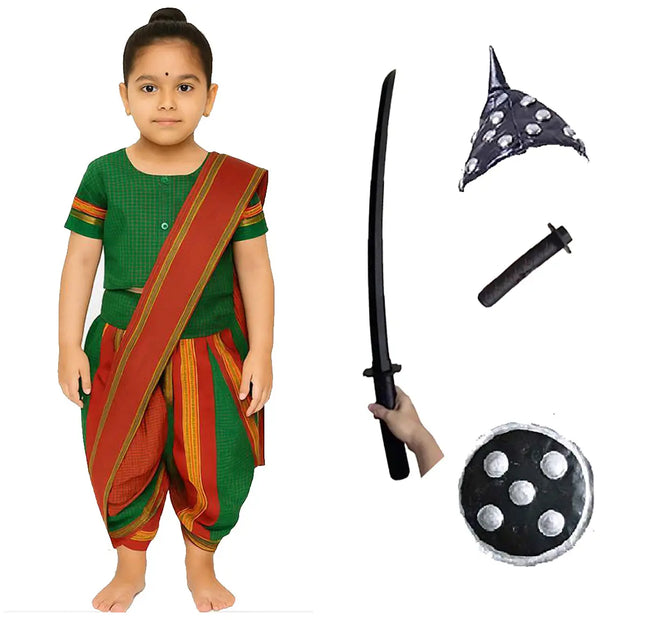 Fancydresswale Rani Laxmibai Costume Set – Green Warrior Dress for Girls with Sword, Shield & Cap fancydresswale.com