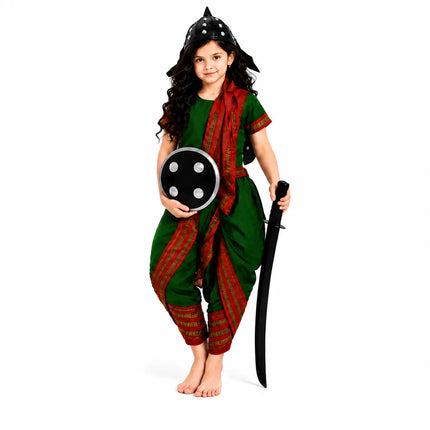 Fancydresswale Rani Laxmibai Costume Set – Green Warrior Dress for Girls with Sword, Shield & Cap fancydresswale.com