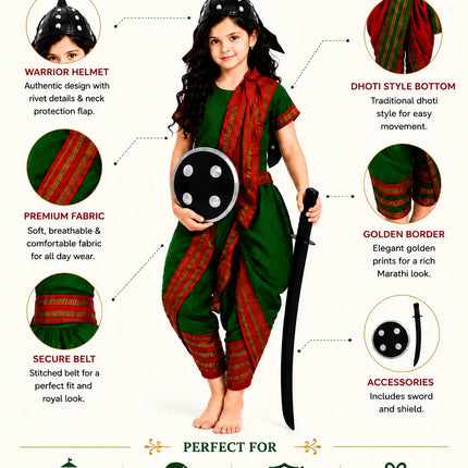 Fancydresswale Rani Laxmibai Costume Set – Green Warrior Dress for Girls with Sword, Shield & Cap fancydresswale.com