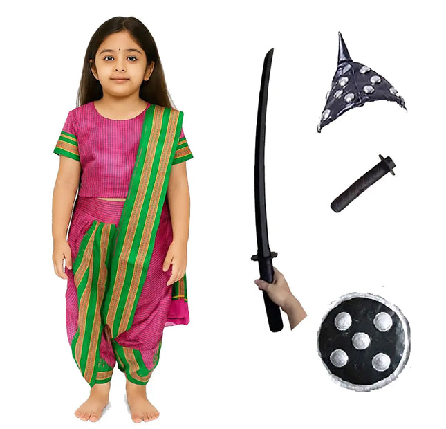 Fancydresswale Rani Laxmibai Costume Set – Rani Pink Traditional Girl’s Warrior Outfit with Sword & Shield fancydresswale.com