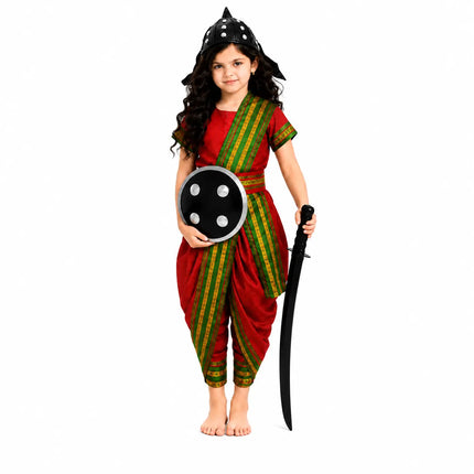 Fancydresswale Rani Laxmibai Costume Set – Red Warrior Queen Dress with Sword, Shield & Headgear for Girls fancydresswale.com