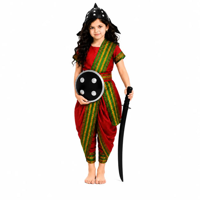 Fancydresswale Rani Laxmibai Costume Set – Red Warrior Queen Dress with Sword, Shield & Headgear for Girls fancydresswale.com