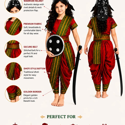 Fancydresswale Rani Laxmibai Costume Set – Red Warrior Queen Dress with Sword, Shield & Headgear for Girls fancydresswale.com