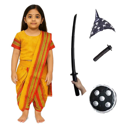 Fancydresswale Rani Laxmibai Costume Set – Yellow Traditional Warrior Dress for Girls with Sword, Shield & Cap fancydresswale.com