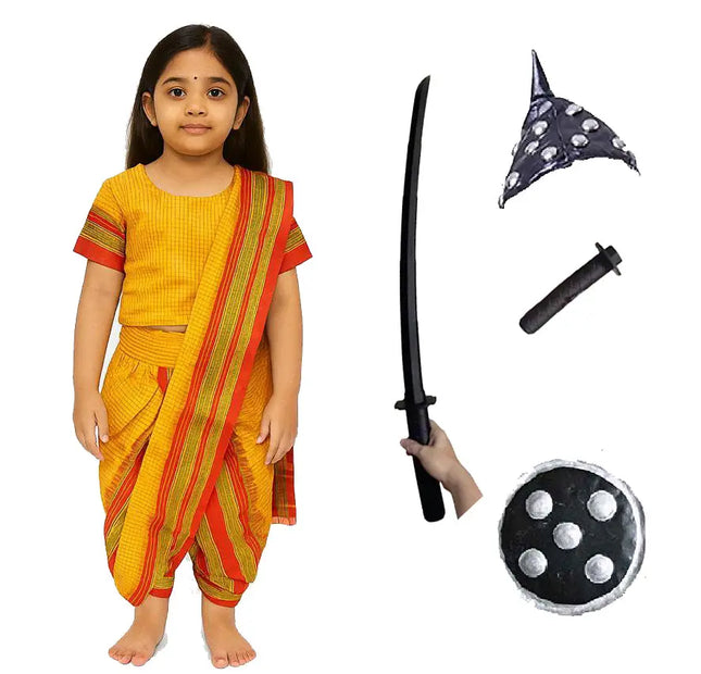 Fancydresswale Rani Laxmibai Costume Set – Yellow Traditional Warrior Dress for Girls with Sword, Shield & Cap fancydresswale.com