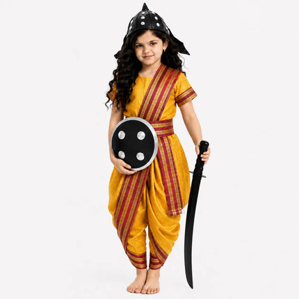 Fancydresswale Rani Laxmibai Costume Set – Yellow Traditional Warrior Dress for Girls with Sword, Shield & Cap fancydresswale.com