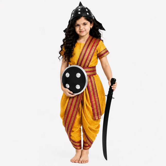 Fancydresswale Rani Laxmibai Costume Set – Yellow Traditional Warrior Dress for Girls with Sword, Shield & Cap fancydresswale.com
