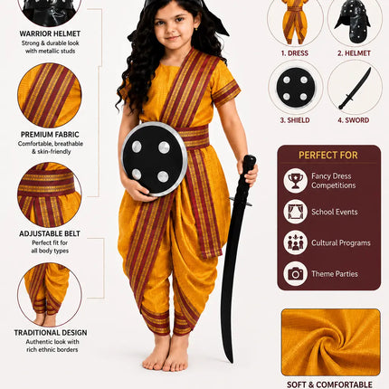 Fancydresswale Rani Laxmibai Costume Set – Yellow Traditional Warrior Dress for Girls with Sword, Shield & Cap fancydresswale.com