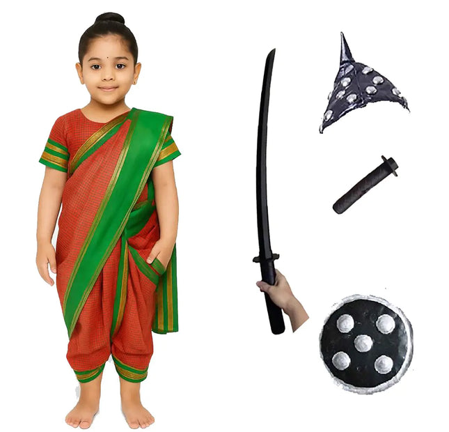 Fancydresswale Rani Laxmibai Costume Set for Girls – Traditional Warrior Dress with Sword, Shield & Cap fancydresswale.com