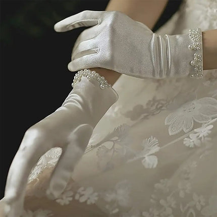 Fancydresswale Satin Gloves with Pearl Detail – Elegant Wrist-Length Gloves for Women & Girls fancydresswale.com