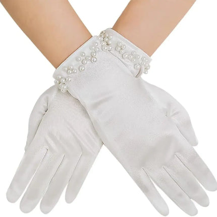 Fancydresswale Satin Gloves with Pearl Detail – Elegant Wrist-Length Gloves for Women & Girls fancydresswale.com