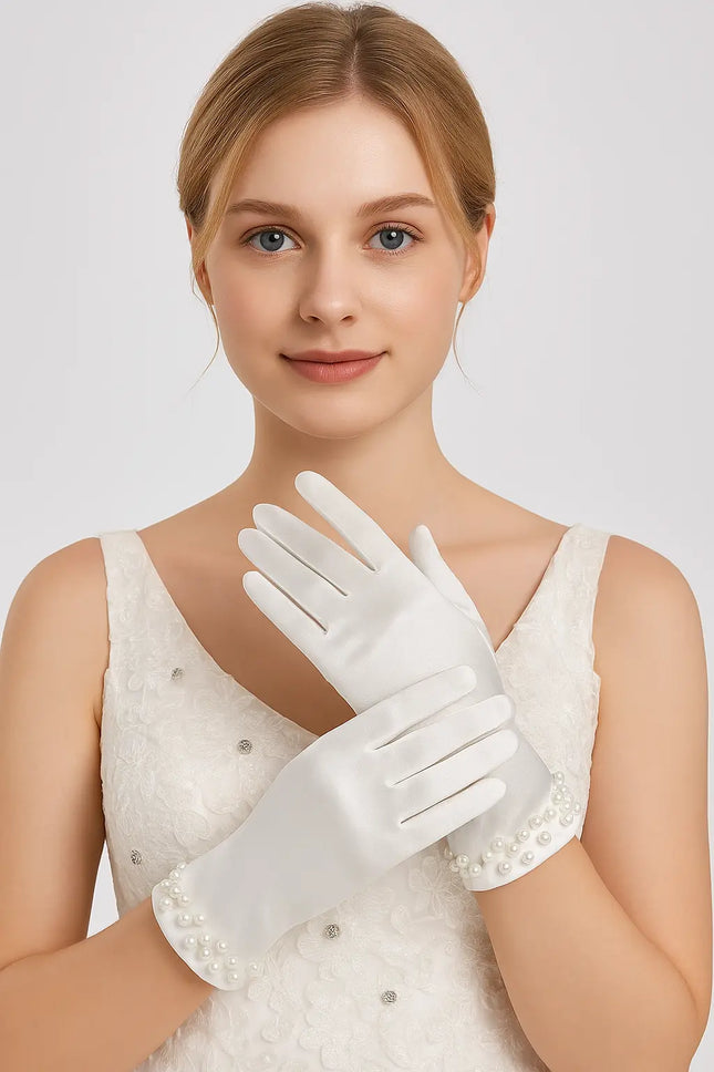 Fancydresswale Satin Gloves with Pearl Detail – Elegant Wrist-Length Gloves for Women & Girls fancydresswale.com