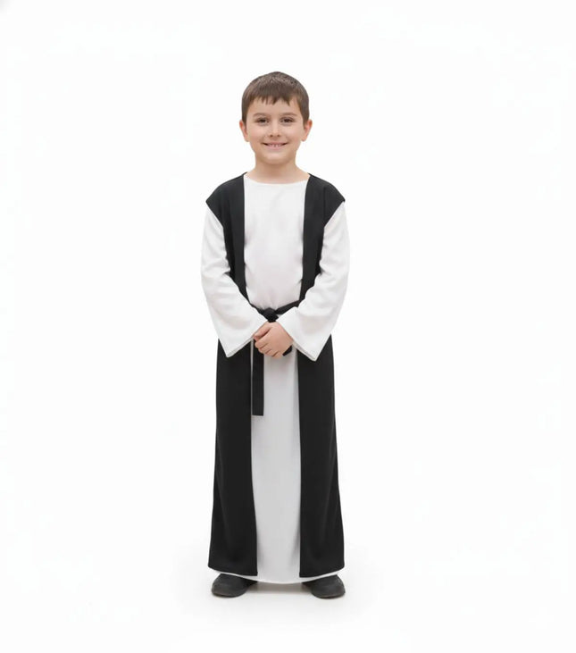 Fancydresswale Shepherd Costume – White Gown with Black Over-Tunic & Belt | Christmas Play & School Function Outfit fancydresswale.com