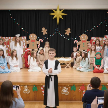 Fancydresswale Shepherd Costume – White Gown with Black Over-Tunic & Belt | Christmas Play & School Function Outfit fancydresswale.com