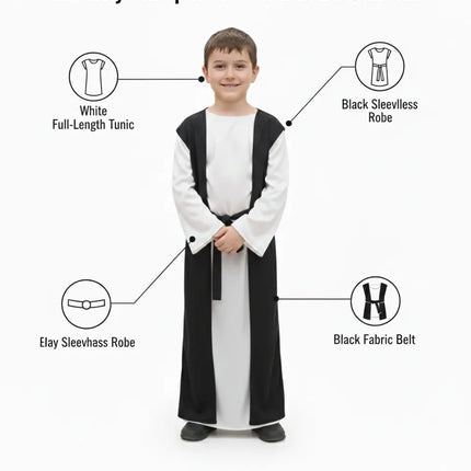 Fancydresswale Shepherd Costume – White Gown with Black Over-Tunic & Belt | Christmas Play & School Function Outfit fancydresswale.com