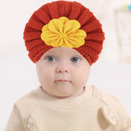 Fancydresswale Warm Knitted Baby Wool Hat For Infants & Toddlers Autumn Flower Soft & Cozy For Little Ones Newborn Headwear Winters- Orange Khaki Fancydresswale