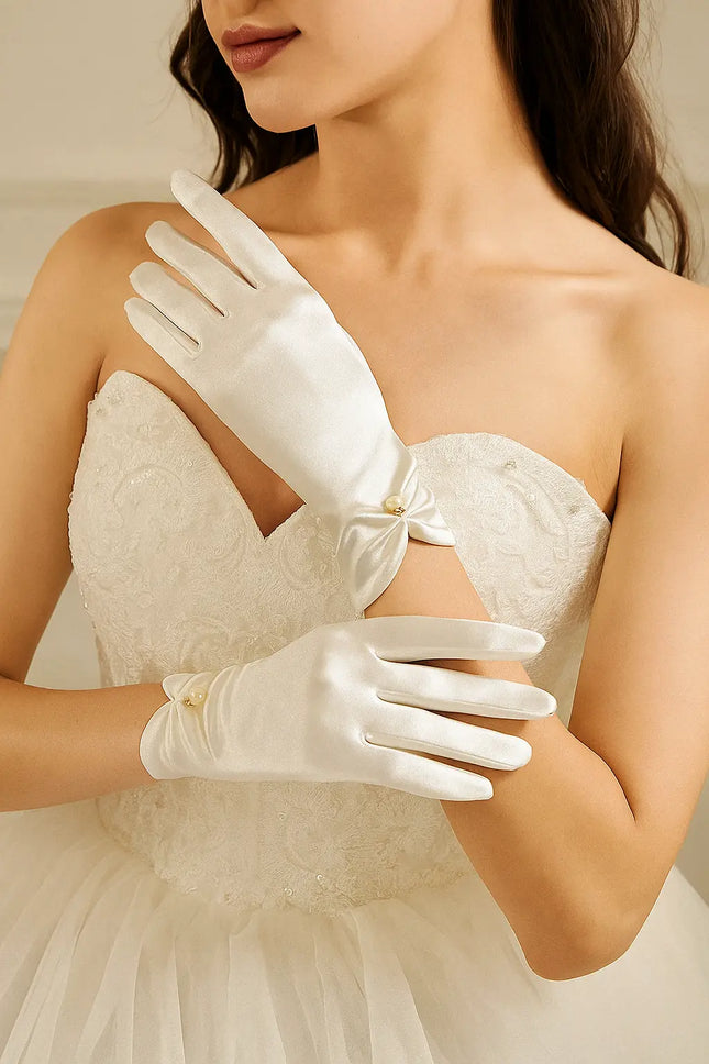 Fancydresswale White Gloves satin with Pearl Drop Charm – Elegant Wrist-Length Gloves for Girls & Women fancydresswale.com