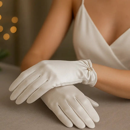 Fancydresswale White Gloves satin with Pearl Drop Charm – Elegant Wrist-Length Gloves for Girls & Women fancydresswale.com