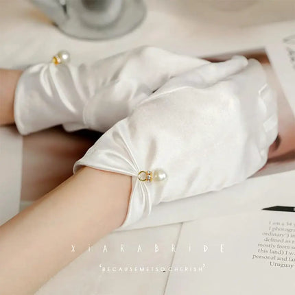 Fancydresswale White Satin Gloves with Pearl Drop Charm – Elegant Wrist-Length Gloves for Girls & Women fancydresswale.com
