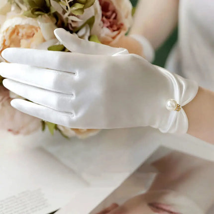 Fancydresswale White Satin Gloves with Pearl Drop Charm – Elegant Wrist-Length Gloves for Girls & Women fancydresswale.com