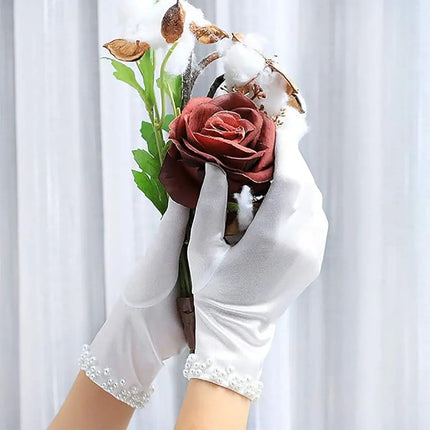 Fancydresswale White Satin Gloves with Pearl Drop Charm – Elegant Wrist-Length Gloves for Girls & Women fancydresswale.com