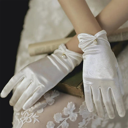 Fancydresswale White Satin Gloves with Pearl Drop Charm – Elegant Wrist-Length Gloves for Girls & Women fancydresswale.com