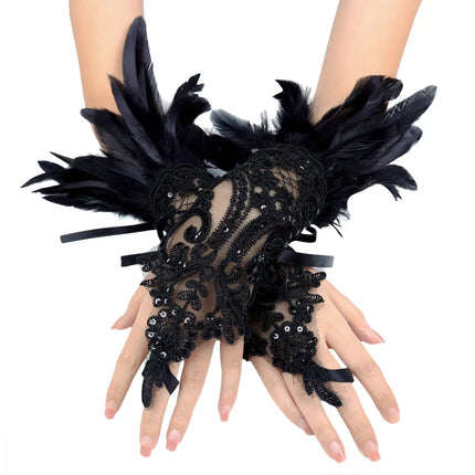 Fancydresswale Women's Gothic Feather Lace Fingerless Gloves – Elegant Costume Arm Warmers for Halloween, Dance & Cosplay fancydresswale.com