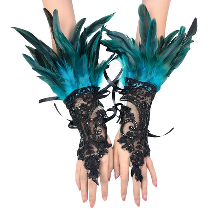 Fancydresswale Women's Gothic Feather Lace Fingerless Gloves – Elegant Costume Arm Warmers for Halloween, Dance & Cosplay fancydresswale.com