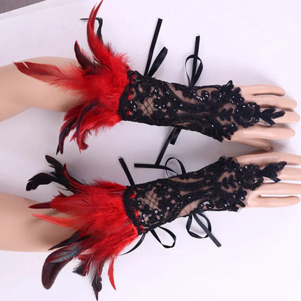 Fancydresswale Women's Gothic Feather Lace Fingerless Gloves – Elegant Costume Arm Warmers for Halloween, Dance & Cosplay fancydresswale.com