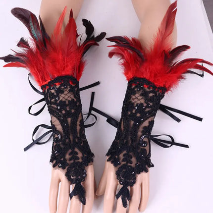Fancydresswale Women's Gothic Feather Lace Fingerless Gloves – Elegant Costume Arm Warmers for Halloween, Dance & Cosplay fancydresswale.com
