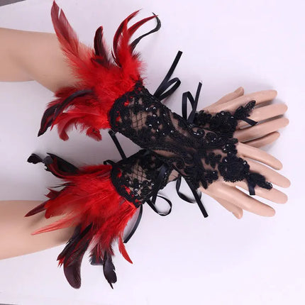 Fancydresswale Women's Gothic Feather Lace Fingerless Gloves – Elegant Costume Arm Warmers for Halloween, Dance & Cosplay fancydresswale.com