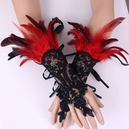 Fancydresswale Women's Gothic Feather Lace Fingerless Gloves – Elegant Costume Arm Warmers for Halloween, Dance & Cosplay fancydresswale.com