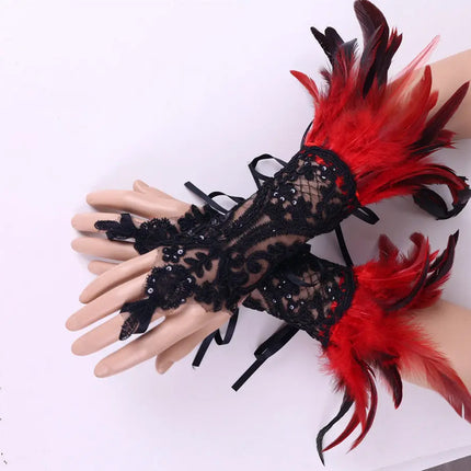 Fancydresswale Women's Gothic Feather Lace Fingerless Gloves – Elegant Costume Arm Warmers for Halloween, Dance & Cosplay fancydresswale.com