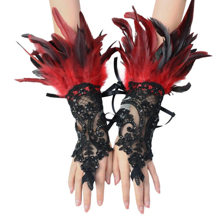 Fancydresswale Women's Gothic Feather Lace Fingerless Gloves – Elegant Costume Arm Warmers for Halloween, Dance & Cosplay fancydresswale.com