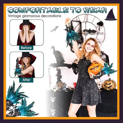 Fancydresswale Women's Gothic Feather Lace Fingerless Gloves – Elegant Costume Arm Warmers for Halloween, Dance & Cosplay fancydresswale.com