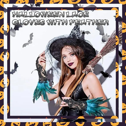 Fancydresswale Women's Gothic Feather Lace Fingerless Gloves – Elegant Costume Arm Warmers for Halloween, Dance & Cosplay fancydresswale.com