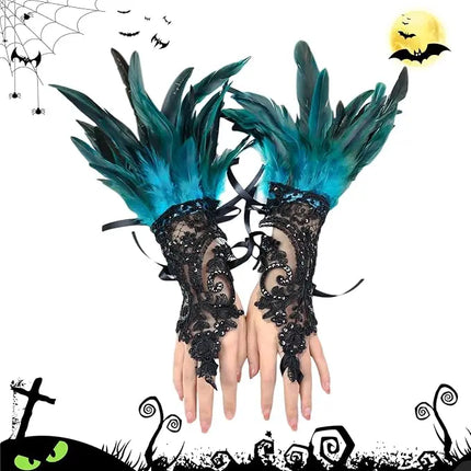 Fancydresswale Women's Gothic Feather Lace Fingerless Gloves – Elegant Costume Arm Warmers for Halloween, Dance & Cosplay fancydresswale.com
