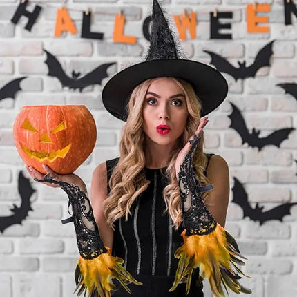 Fancydresswale Women's Gothic Feather Lace Fingerless Gloves – Elegant Costume Arm Warmers for Halloween, Dance & Cosplay fancydresswale.com