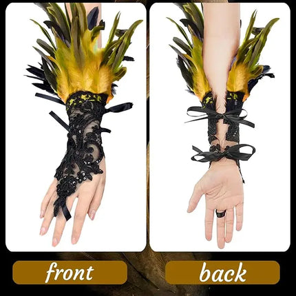 Fancydresswale Women's Gothic Feather Lace Fingerless Gloves – Elegant Costume Arm Warmers for Halloween, Dance & Cosplay fancydresswale.com