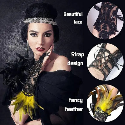 Fancydresswale Women's Gothic Feather Lace Fingerless Gloves – Elegant Costume Arm Warmers for Halloween, Dance & Cosplay fancydresswale.com