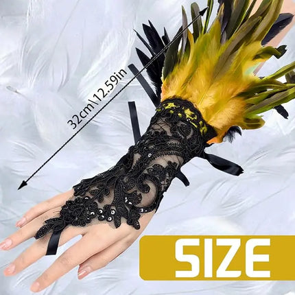 Fancydresswale Women's Gothic Feather Lace Fingerless Gloves – Elegant Costume Arm Warmers for Halloween, Dance & Cosplay fancydresswale.com